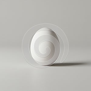 A single white egg stands upright on a smooth, neutral gray surface. The egg's texture