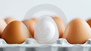Single white egg surrounded by brown eggs in carton
