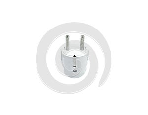 Single white electric plug without cable isolated on white background. A white stecker without shadow