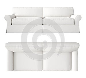 Single white fabric modern sofa isolated on blank background, top and front view, plan, above, contemporary furniture concept idea