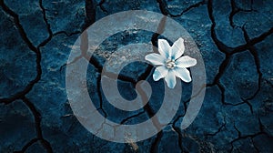 Lone White Flower Blooms on Cracked Dry Earth, Hope and Resilience Concept