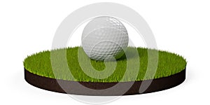 Single white golf ball on green grass patch with soil over white background, golf sports or activity concept