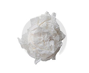 Single white screwed or crumpled tissue paper or napkin in strange shape after use in toilet or restroom isolated on white