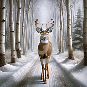 Single White-tail Deer Buck Wilderness Wintertime Birch Trees Snowy Pathway Forest Canada AI Generated