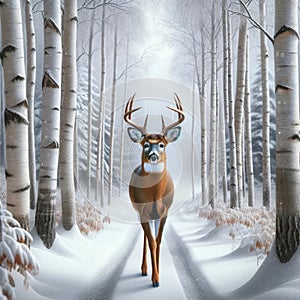 Single White-tail Deer Buck Wilderness Wintertime Birch Trees Snowy Pathway Forest Canada AI Generated