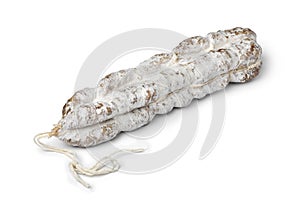 Single whole French dry sausage, Saucisson sec, on white background photo