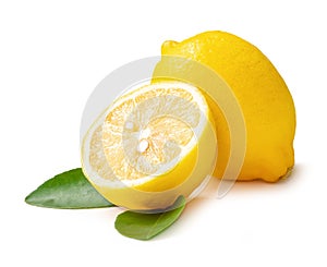 Single whole fresh beautiful yellow lemons with half and leaves isolated on white background with clipping path