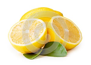 Single whole fresh beautiful yellow lemons with two halves and leaves isolated on white background with clipping path