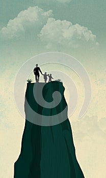 A single widower father is seen with his two children on the top of a mesa feeling lost and alone.