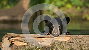 Single wild black bear behind the log