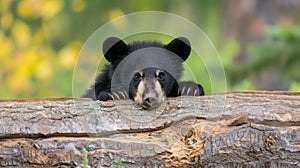 Single wild black bear behind the log