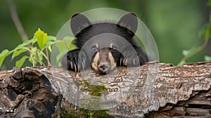 Single wild black bear behind the log