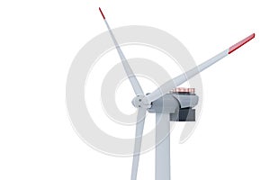 Single wind turbine with red-tipped blades on white background