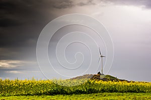 Single Windmill Turbine Hill Flowers Yellow Driving Highway Motion Blur Landscape Overcast Weather Sustainable Energy Germany Eur