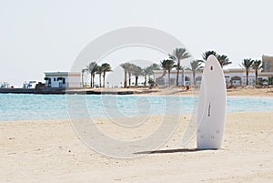 Single windsurfing board in a sand