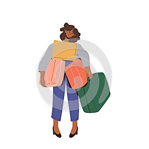 Single woman tourist character holding heavy suitcases, too much baggage for travel concept