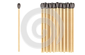Single wooden match and group of matches. 3D rendering