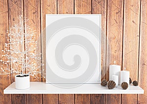 Single 8x10 Vertical White Frame mockup with christmas decorations on white shelf and rustic wooden wall