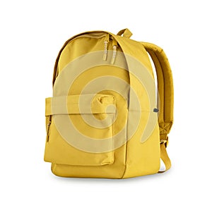 Single yellow backpack isolated with shadow on white background.Schoolbag,knapsack