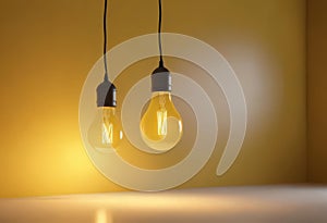 Single yellow bulb hangs against vibrant yellow backdrop Minimalist, bright, warm lighting , yellow background, minimalist,