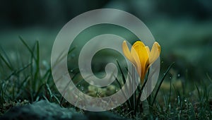 Single yellow crocus emerging in a dewy meadow at dawn