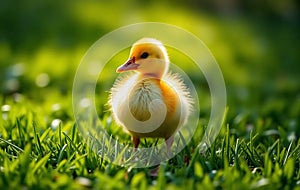 Single Yellow Duckling on Grass