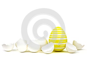 Single yellow easter egg between egg shells on white