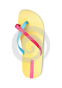 Single yellow flip flop isolated on white, top view