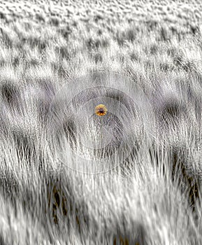 A single yellow flower stands out in a field of soft, white grass. photo