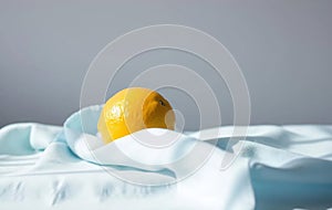 Single Yellow Lemon on Blue Cloth photo