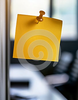 Single yellow post-it note attached to wall with push pin