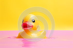Single yellow rubber duck swimming in pink water