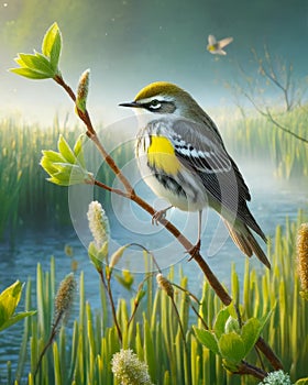 A Single Yellow Rumped Warbler Perched Marsh Bulrush Springtime Morning Sunrise Small Bird AI Generated