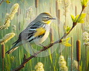 A Single Yellow Rumped Warbler Perched Marsh Bulrush Springtime Morning Sunrise Small Bird AI Generated