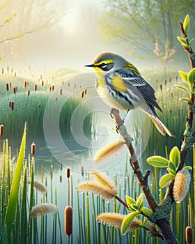 A Single Yellow Rumped Warbler Perched Marsh Bulrush Springtime Morning Sunrise Small Bird AI Generated