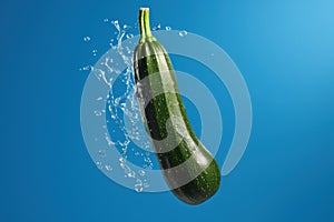 Single zucchini suspended in midair against a bright blue backdrop