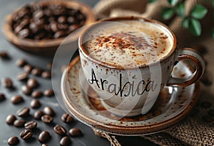 A singleorigin arabica coffee cup on a saucer with a bowl of coffee beans