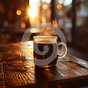 Singleorigin coffee in a cup on a wooden table, steam rising