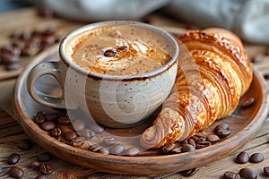 Singleorigin coffee served with a croissant on wooden dish