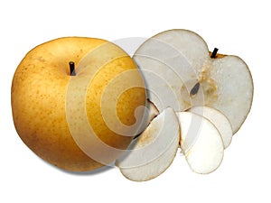 Singo Pear fruit in whole, half cut and slices, isolated on white background