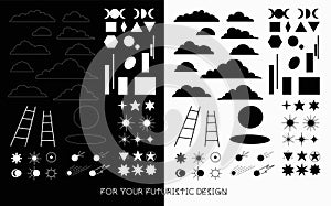 Sings astrology astronomy symbols, vector isolated icons. Cloudy, stars, pictograms, ladder shapes Big galaxy set in line art