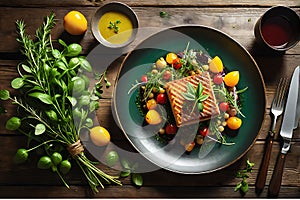 Singular Culinary Delight: Overhead Shot of an Expertly Plated Delectable Dish with Contrasting Textures and Vibrant Ingredients