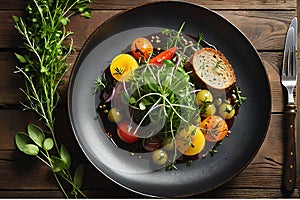 Singular Culinary Delight: Overhead Shot of an Expertly Plated Delectable Dish with Contrasting Textures and Vibrant Ingredients