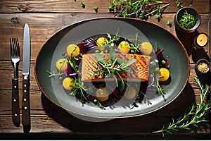 Singular Culinary Delight: Overhead Shot of an Expertly Plated Delectable Dish with Contrasting Textures and Vibrant Ingredients