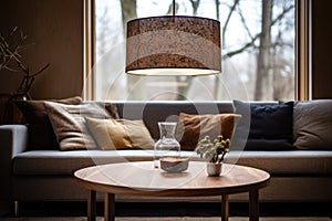 a singular hanging pendant lamp over a simple, round coffee table