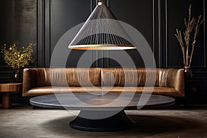 a singular hanging pendant lamp over a simple, round coffee table