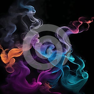 a singular intricately flowing different colored smoke stream against either a black or white background.