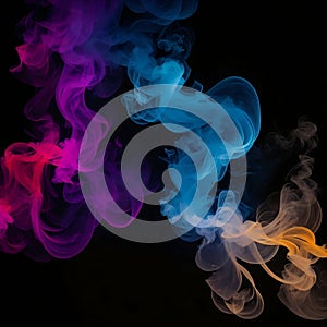 a singular intricately flowing different colored smoke stream against either a black or white background.