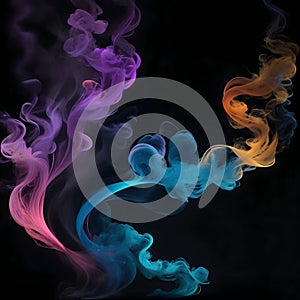 a singular intricately flowing different colored smoke stream against either a black or white background.