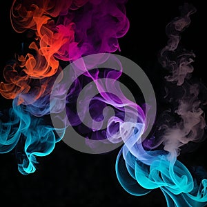 a singular intricately flowing different colored smoke stream against either a black or white background.